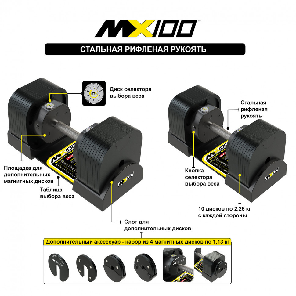 Гантель регулируемая MX Select MX100 EVO, рифленая стальная рукоять, вес 5.9-45.4 кг, 1 шт